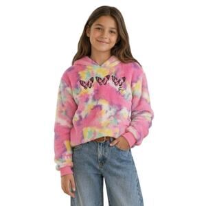 Betsey Johnson Girl's Pink Hoodie Tie Dye Faux Fur Fleece Size M